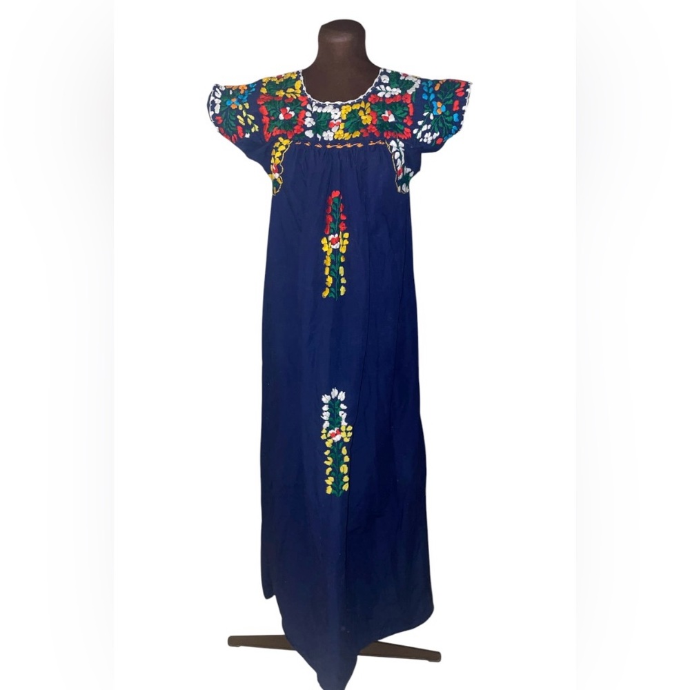 Vintage Embroidered Navy Floral Cotton Traditional Mexican Peasant Maxi Dress
